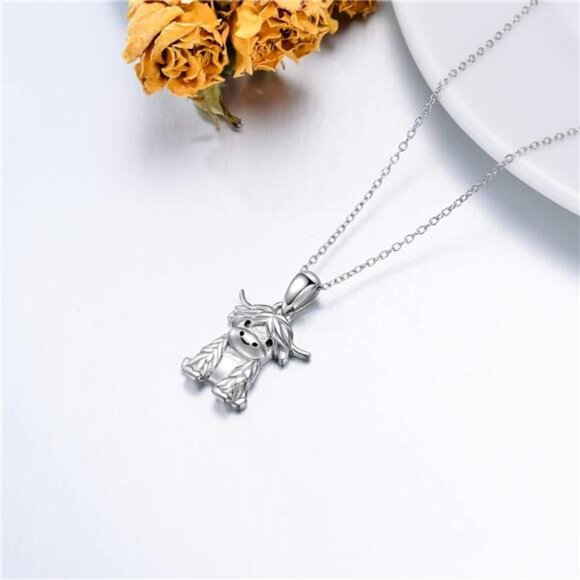 Highland Cow Necklace Sterling Silver Cute Scotland Cow Pendant - Picture 3 of 6